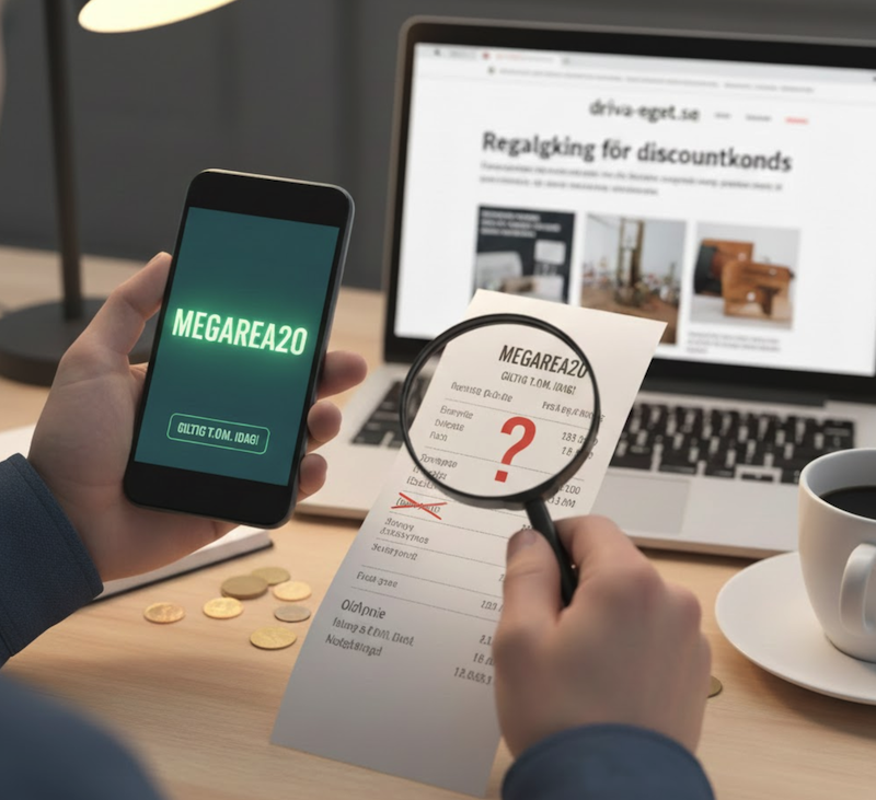 granskar kvitto och kollar upp rabattkoder onlie för att hitta bästa pris